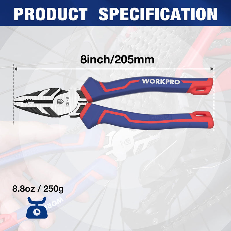 [Australia - AusPower] - WORKPRO 8" Linesman PRO Screw Extractor Pliers(Combination Pliers) with Unique Non-slip Jaws, Stripped Screw Remover Tool, Lineman Pliers for Quickly Removal of Damaged or Rusted Fasteners 