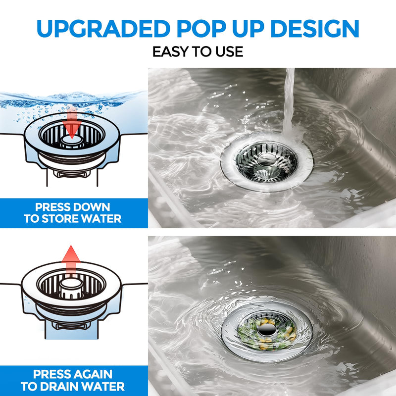 Upgraded 3 in 1 Kitchen Sink Drain Strainer & Sink Stopper, Stainless Steel Kitchen Drain Plug & Sink Installation Parts with Anti-Clogging Basket, Fit US Standard 3-1/2'' Sink Drain Hole Brushed Silver