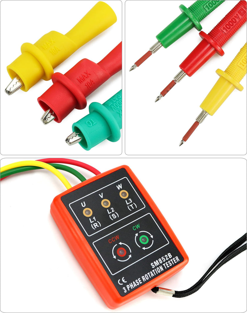 QWORK Phase Tester, Rotary Field Meter for 3 Phases, 60 V ~ 600 V AC, 20-400 Hz, with Buzzer Tester and Crocodile Clips