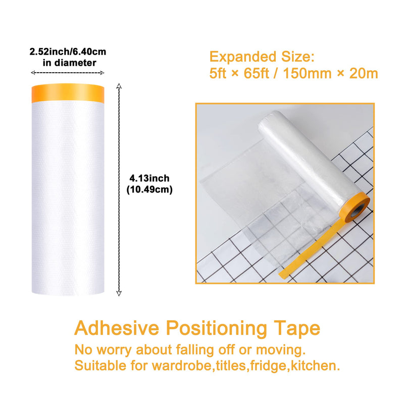 Muf 5 x 65 Feet Plastic Drop Cloth Plastic Sheeting with Masking Tape,Waterproof Protective Masking Film,Prevent Dust Paint for Car,Furniture,Carpet,Floor,1 Pack 1 5 × 65 feet