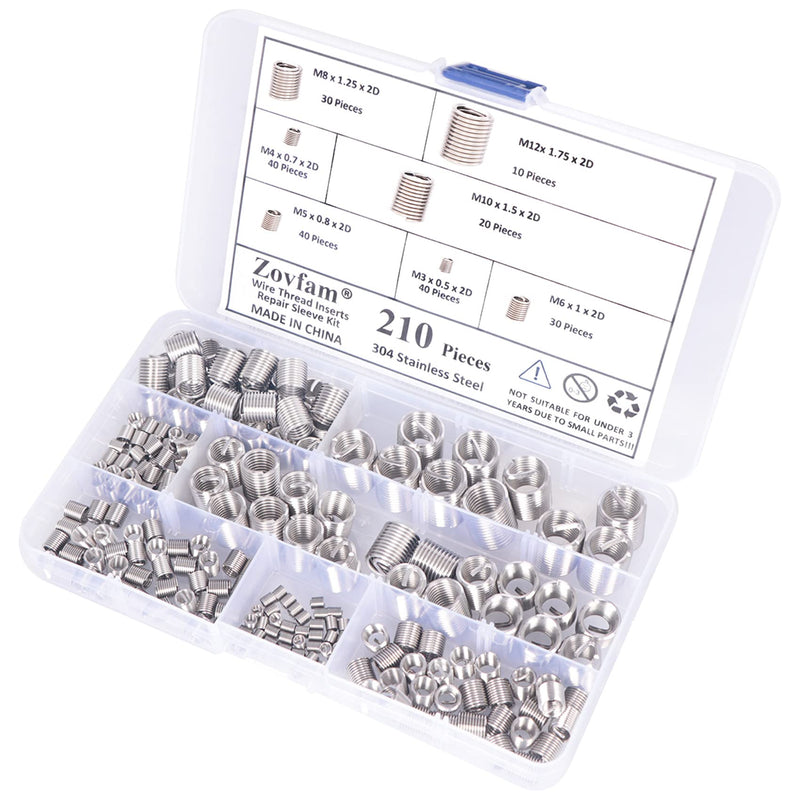 [Australia - AusPower] - Wire Screw Sleeve Thread Repair Inserts Assortment Kit 304 Stainless Steel Metric M3 M4 M5 M6 M8 M10 M12 Wire Thread Inserts Helicoil Thread Repair Kit 210Pcs 