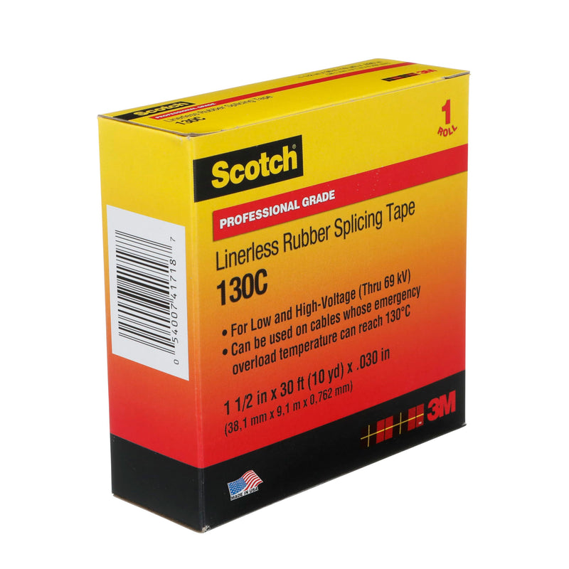 3M Scotch Linerless Electrical Splicing Tape 130C for Wires and Cables, 1-1/2 in x 30 ft, Rubber Backing, Self Fusing, UV Resistance, Highly Conformable, Moisture Seal, Black, 1 Roll
