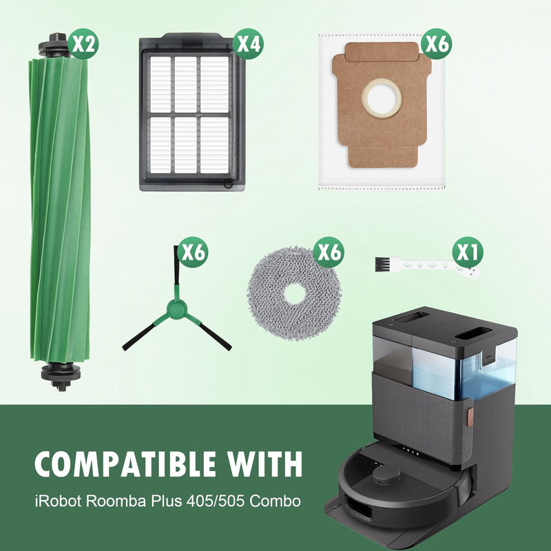 25 Pcs Replacement Parts for iRobot Roomba Plus 405 Combo/505 Combo /507 Combo Robot Vacuum Cleaner, Include 2 Main Brushes, 6 Dust Bags, 6 Mop Pads, 4 Filters, 6 Side Brushes and 1 Cleaning Tool 405 Combo Kit