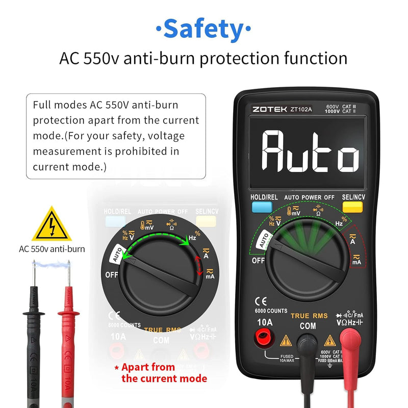 [Australia - AusPower] - ZOYI ZT102A High-Precision True RMS Auto-Ranging 6000 Count Digital Intelligent Multimeter with Burnout Protection for Home Appliance Repair Temperature Measurement Universal Meter 