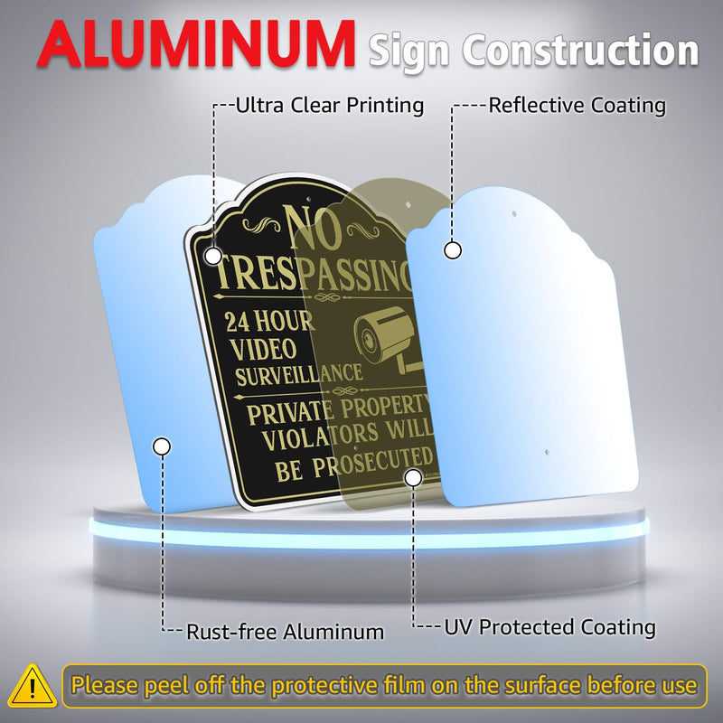 Faittoo No Trespassing Signs Private Property Video Surveillance Sign with 42" Stake, 2-Pack 12"x12" Rust Free Aluminum, Reflective, 2 Pre-drilled Holes, Includes Matching Screws & Wren Black Gold with 42" Stake- 2 Pack