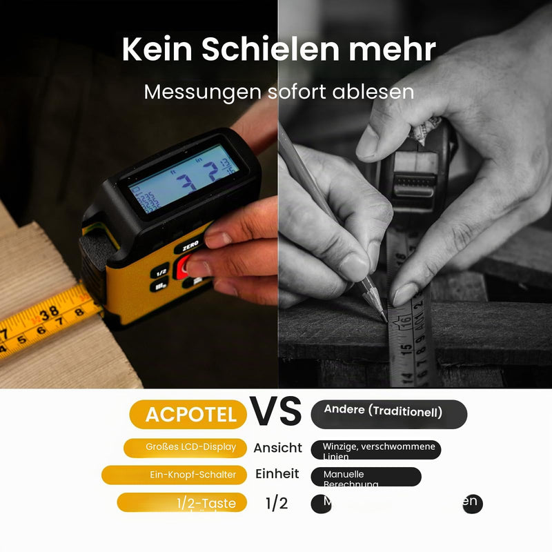 ACPOTEL DT20 Digital Tape Measure 5M, Yellow & Rechargeable Meter | 6 metric and imperial units, adjustable retractable digital measuring tape, break display 1/16 (version without laser)