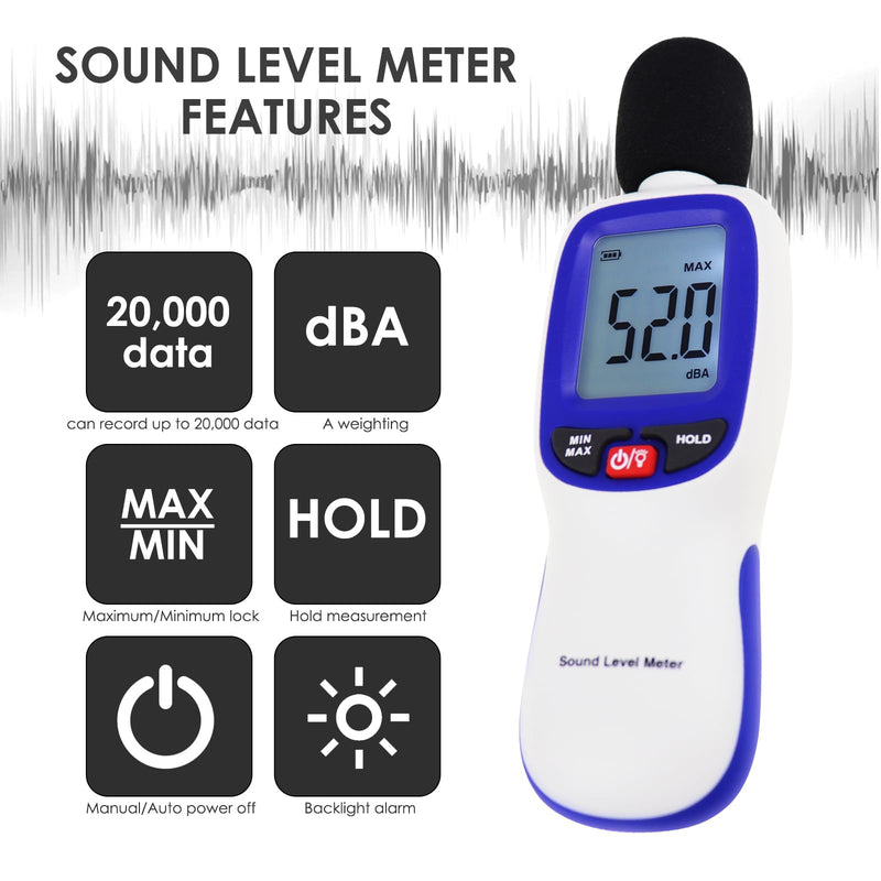[Australia - AusPower] - Decibel Meter Wireless Sound Decibel Meter with App Data Logging Bluetooth Portable Sound Level Meter 0~130dB High Accuracy SPL Meter for Classroom, Office, Home and etc. Bluetooth Sound Level Meter 