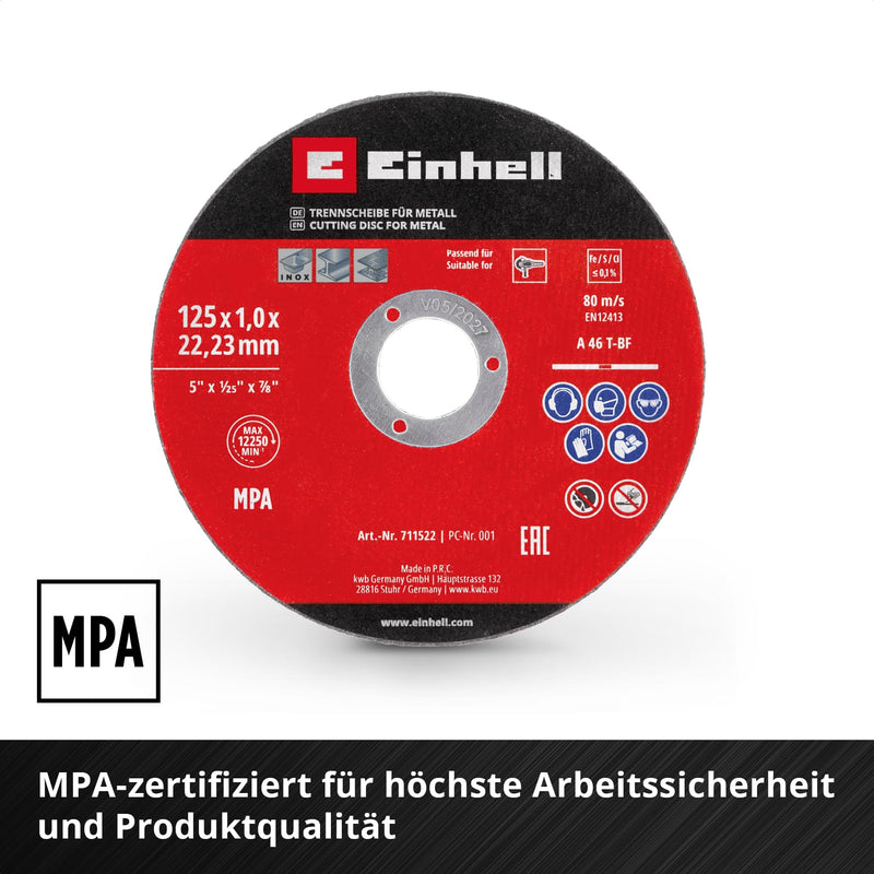 [Australia - AusPower] - Original Einhell 5-Piece Thin Cutting Disc Set for Metal, Diameter 125 mm (1 mm Thickness, MPA Certified, Long Life, Precise, Low-Burr Cuts, for Angle Grinders) 
