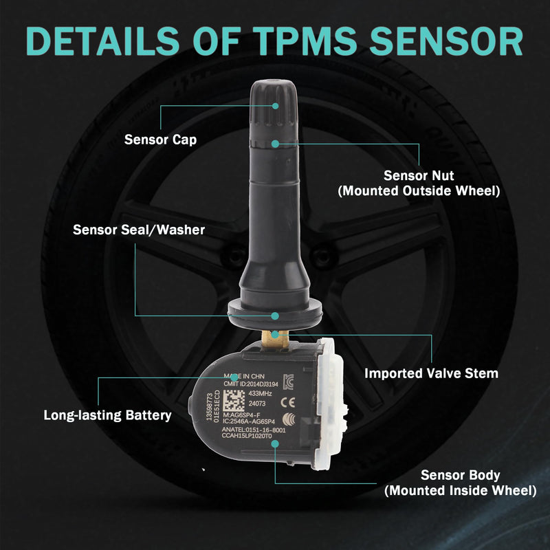 [Australia - AusPower] - TPMS Sensors Tire Pressure Sensors 433MHz Compatible with Chevy Silverado Tahoe Buick Enclave Cadillac Escalade GMC Sierra Replaces# 13598773 13516165(4 PCS) 
