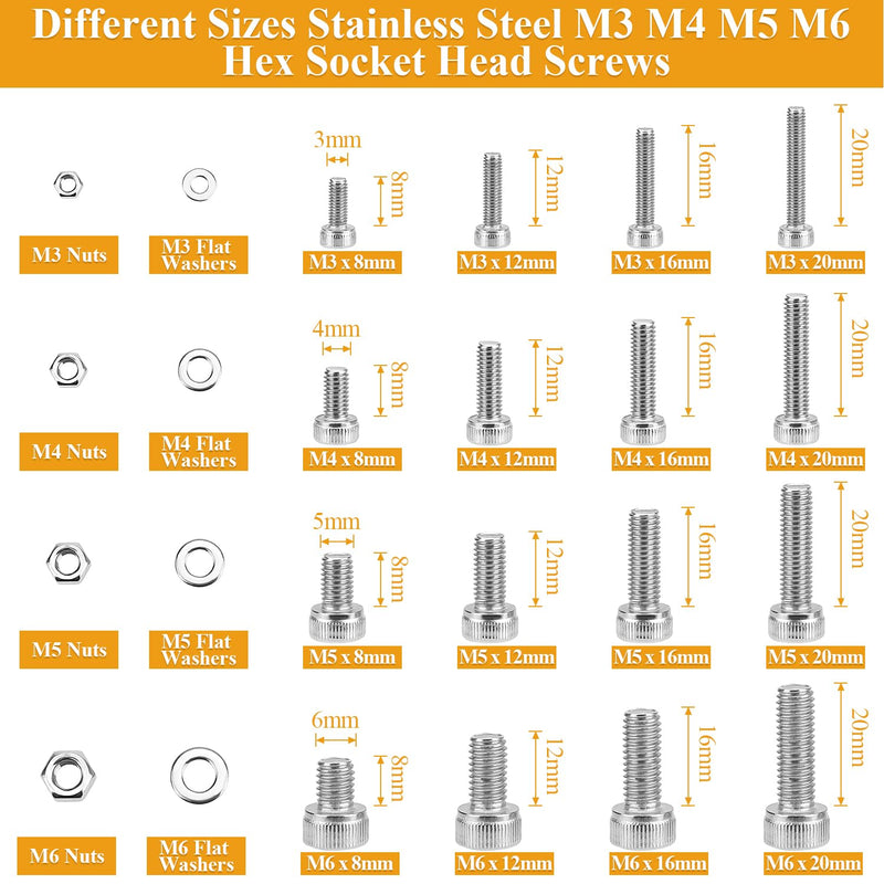[Australia - AusPower] - 815 Pieces M3 M4 M5 M6 Hex Socket Head Cap Screws Nuts Washers Assortment Kit, Metric Screw Assortment with Hex Wrenches, 304 Stainless Steel, Fully Threaded M3M4M5M6 (815 Pieces) 