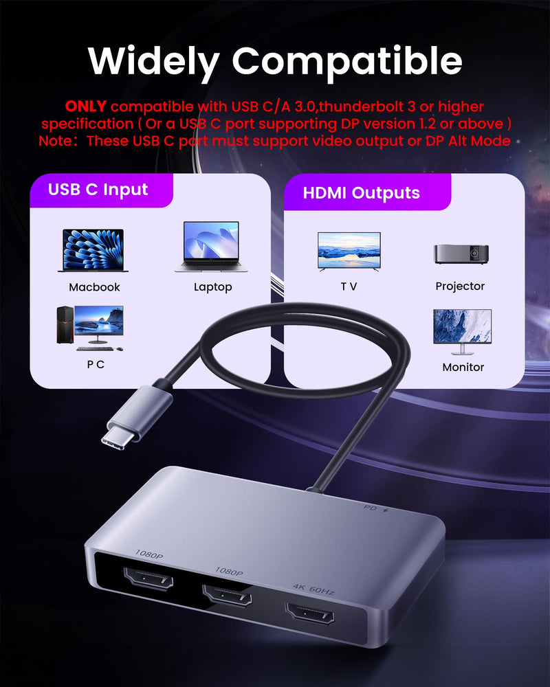avedio links USB C to HDMI Multi Monitor Adapter, HDMI Splitter 1 in 3 Out Extended Display for Triple Monitor with 100W PD Port, Out 1 4K@60Hz, Out 2 and 3 1080p, Display for Windows Mac OS USB C to 3x HDMI