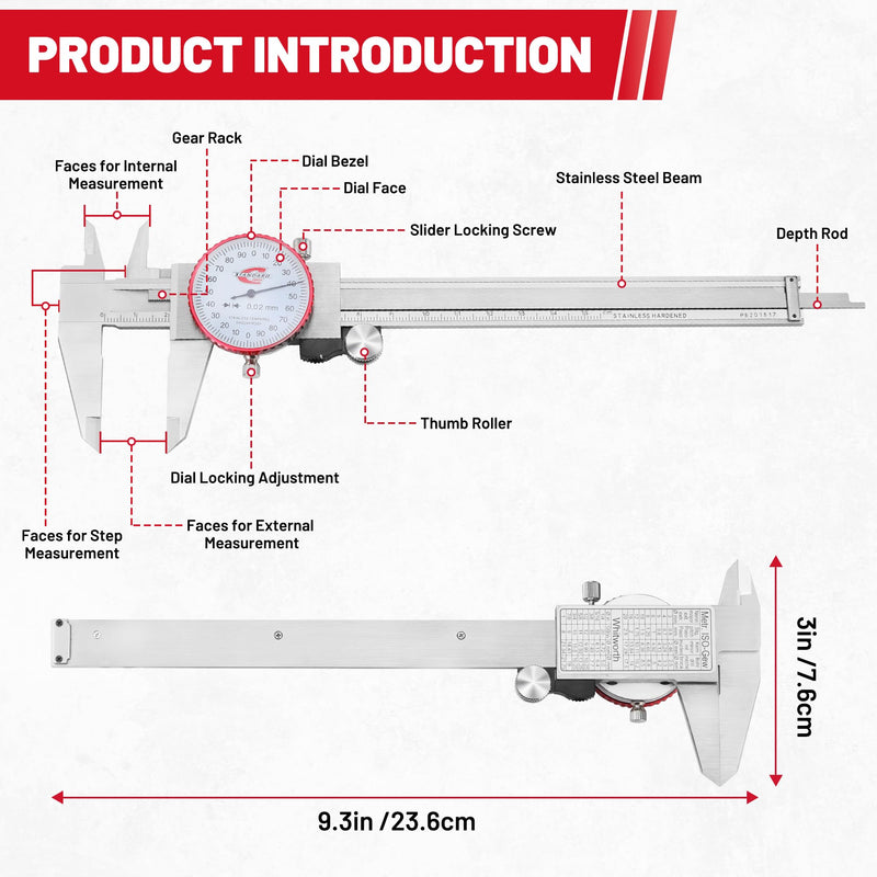 [Australia - AusPower] - Metric Dial Caliper Measuring Tool 0-150mm Range, Analog Precision Caliper ±0.02mm Accuracy, Manual Mechanical Metal Stainless Steel Measuring Dial with 4-Way Measurements Metric 