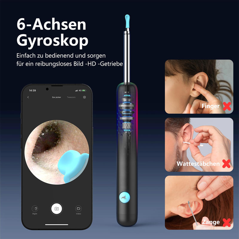 [Australia - AusPower] - Ear Wax Remover Otoscope, 1080P HD WiFi Ear Cleaner Camera, 3.5 mm Ear Camera with 6 LEDs, IP67 Waterproof Ear Mirror, 360° Wide Angle Otoscope Camera for Adults, Children, iOS, iPad, Android Black 
