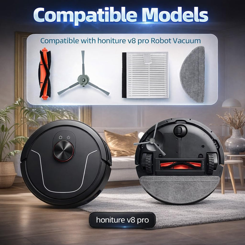 Replacement Parts Accessories Kit Compatible with Honiture V8 Pro Robot Vacuum Cleaner 1 Main Brush, 6 Side Brushes, 4 Hepa Filters, 4 Mop Pad