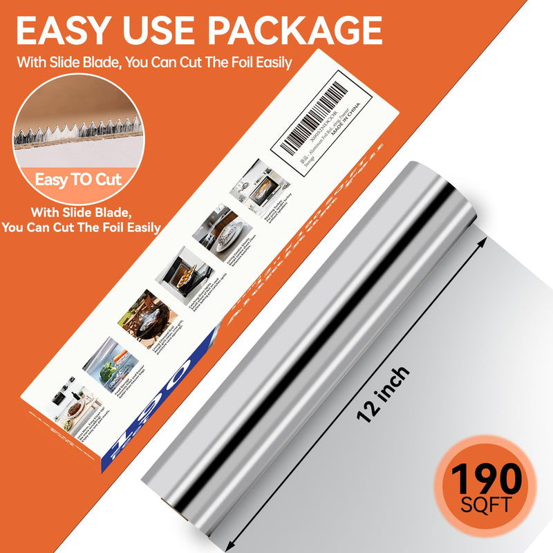 Aluminum Foil Roll, 12in x 190ft Aluminum Foil, Thick Strong Tin Foil with Cutter, Food Safe Cling Wrap for Cooking, Baking, Roasting, Grilling, Freezer Storage