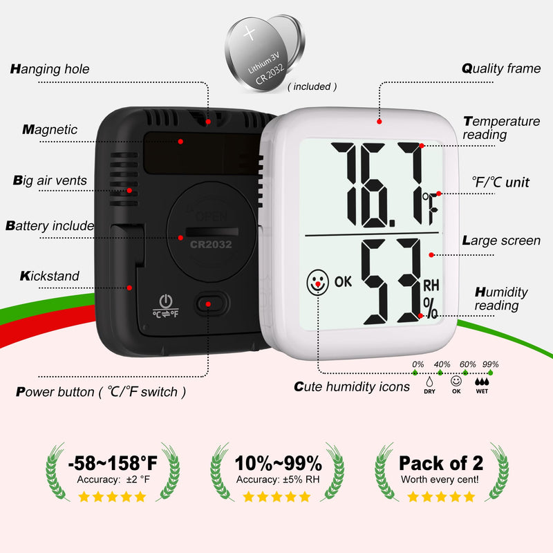 Antonki 2 Pack Room Thermometer for Home, Hygrometer Indoor Humidity Meter Gauge, Digital Temperature and Humidity Monitor Sensor for House, Terrarium, Incubator, Greenhouse - Battery Included 2 Pcs* Black & White