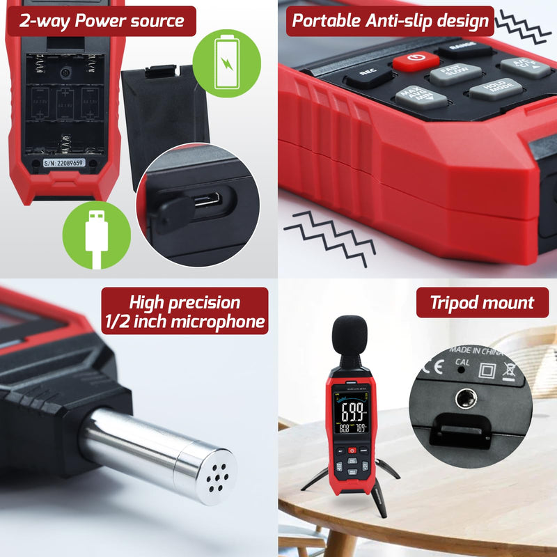 [Australia - AusPower] - Sound Level Meter Data Logger Decibel Meter with Record Function, Portable Noise Meter 30~130dB Sound Meter A/C/Z Weighting Noise Testing with Audible Visual&Alarm, Temperatue, Analog Bar Indicator 