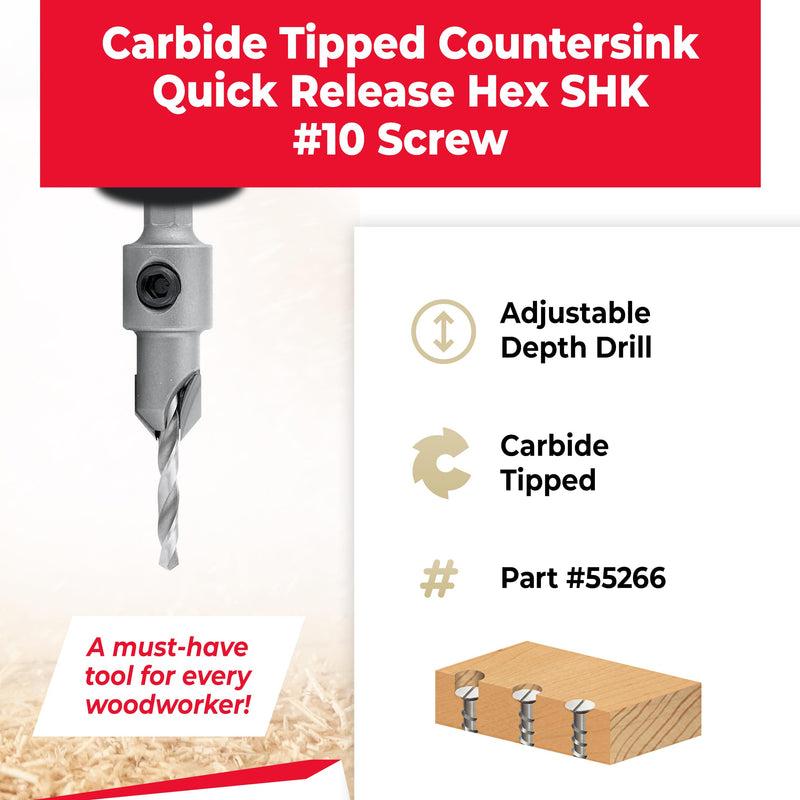 Amana Tool Carbide Tipped 82 Degree Countersink Drill Bit, 55266, 3/8 D x 49 Deg x 1/4 Quick Release Hex Shank for Wood Screw 10