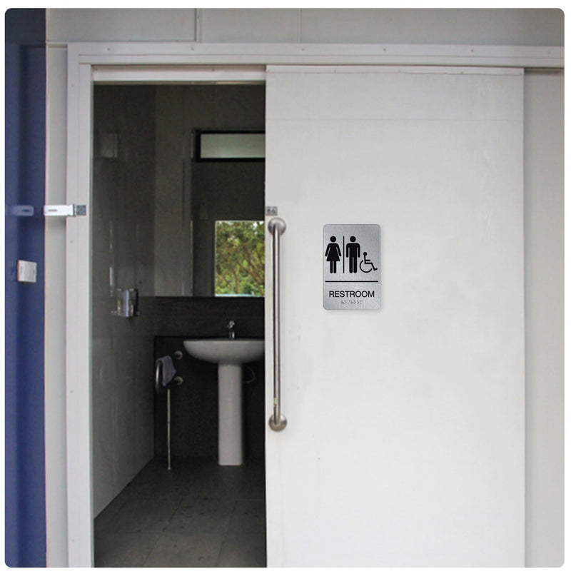 ADA Braille Unisex Handicap Restroom Signs for Business with Double Sided 3M Tape (Pack of 4) - Aluminum Handicap Unisex Bathroom Sign 9” x 6” for Offices and Restaurants Unisex Handicap Aluminum Pack of 4