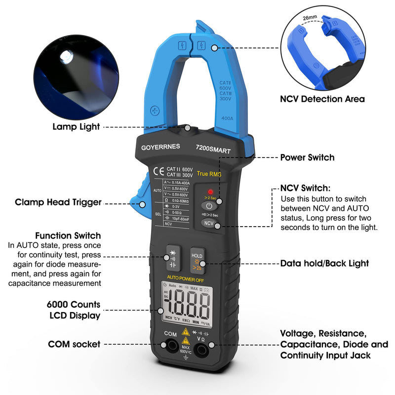 [Australia - AusPower] - Digital Clamp Multimeter,TRMS 6000 Counts Clamp-on Avometer AC DC Voltage Current DMM Test Meter, Auto Range Ammeter Measure Resistance Capacitance Diode Continuity NCV 