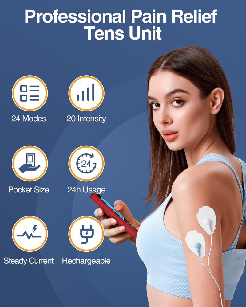[Australia - AusPower] - NURSAL 24 Modes TENS Unit Muscle Stimulator, Rechargeable Electronic Pulse Massager with 8 Pads for Back and Shoulder Pain Relief and Muscle Strength (Red) 
