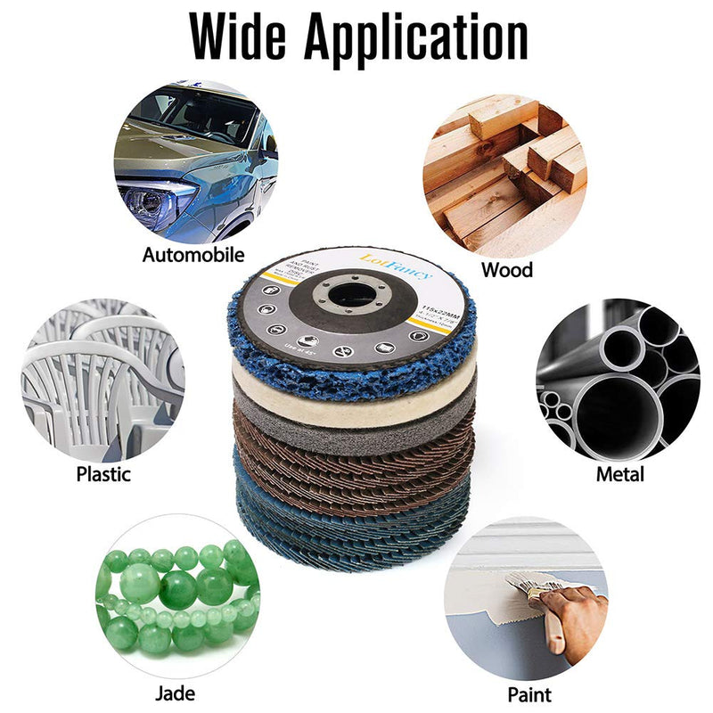 [Australia - AusPower] - LotFancy Flap Disc 4 1/2 inches, 11 Grinding Polishing Discs Set for Angle Grinder, 40 60 80 120 Grit Assorted Pack, Sanding Wheels, Strip Disc, Nylon & Felt Polishing Disc Kit 11 Pack Set 