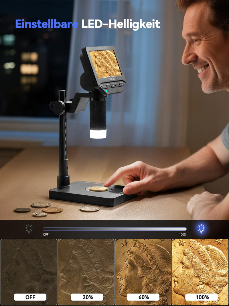 Tomlov DM4W 4.3 Inch IPS Coin Microscope with Scales, 0.1 g Accuracy | Measurement in g/oz/ct, Jewelry & Metal Testing, Integrated LEDs, USB Live Image, Photos/Videos, Wireless Design, PC Compatible, Black