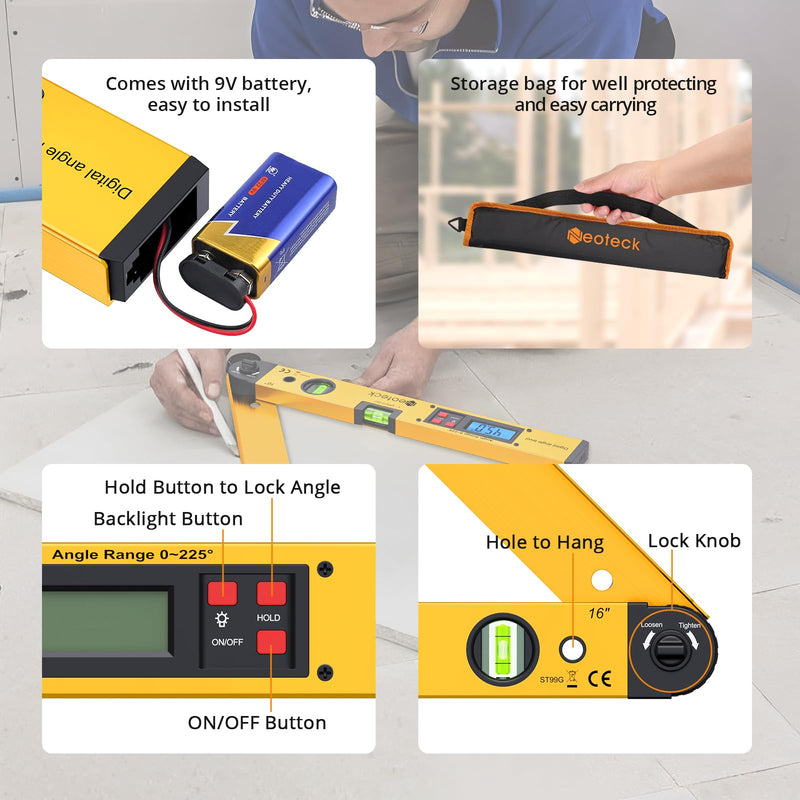 [Australia - AusPower] - Neoteck 225° 16 inch Digital Angle Finder Aluminum Protractor with LCD Backlight Digital Angle Measuring Tool with Horizontal and Vertical Bubble for Woodworking, Construction, Machinery - Golden Gold 