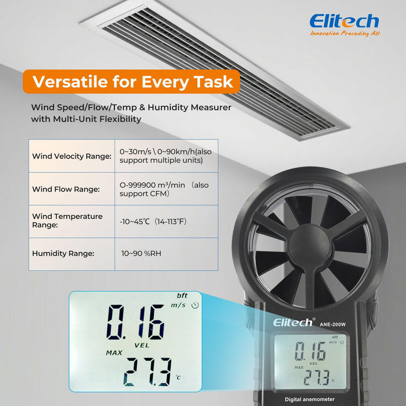 Elitech Bluetooth Wind Gauge, Digital Anemometer Wind Speed Measurement Temperature, CFM/CMM Air Flow Measurement for HVAC & Environmental Testing ANE-200W