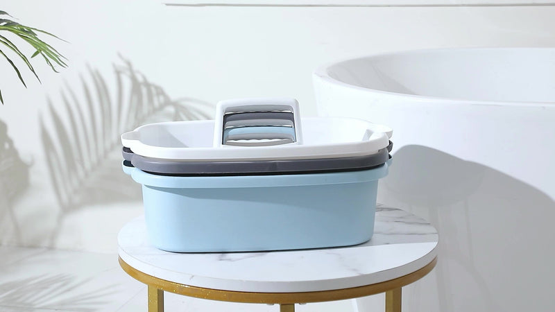 Two large white JiatuA shower caddies with durable plastic baskets, ideal for organizing cleaning supplies or toiletries.