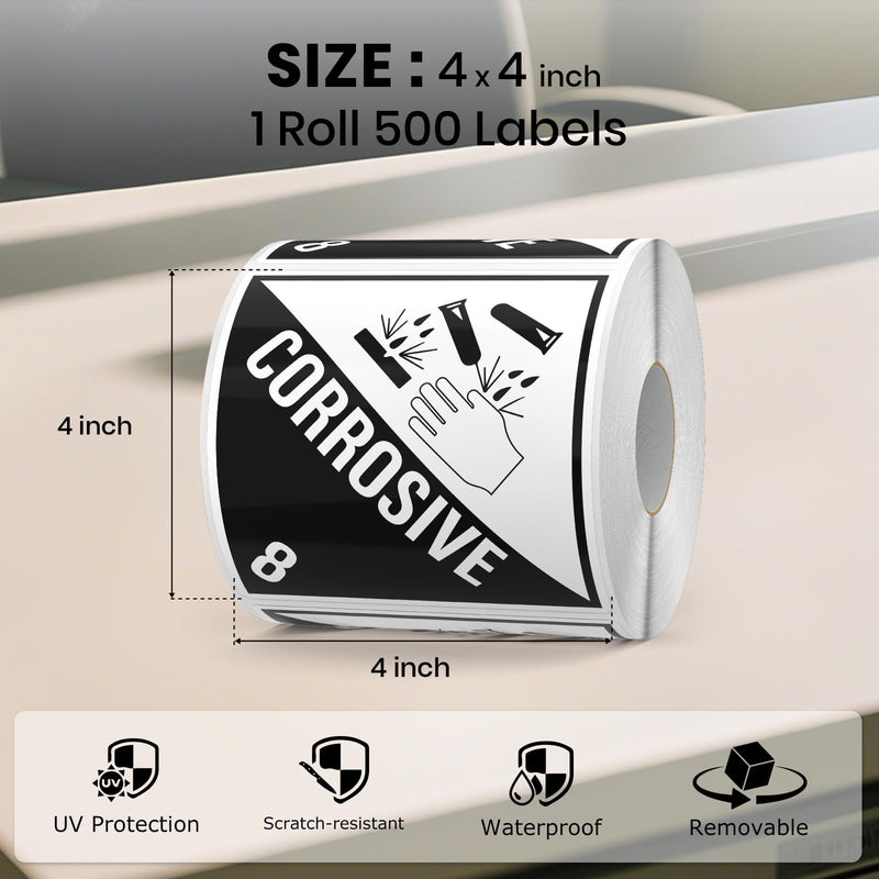 500 PCS Hazard Class 8 Corrosive Labels 4 × 4 Inches Vinyl Removable Self Adhesive DOT Hazmat Compliant Stickers Packages Safety Label for Packing Shipping Transportation
