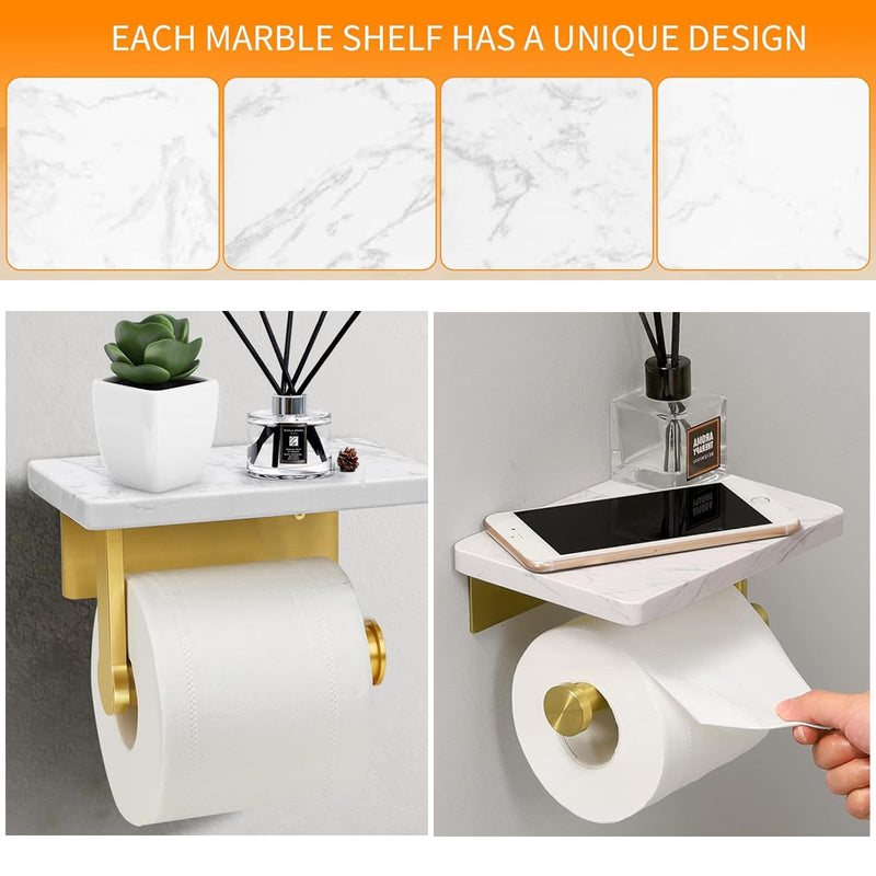 Brushed Gold Toilet Paper Holder with Marble Shelf, DAYELIVE 304 Stainless Steel Wall Mounted Toilet Paper Holder, Tissue Holder Toilet Paper Roll Holder for Bathroom Washroom