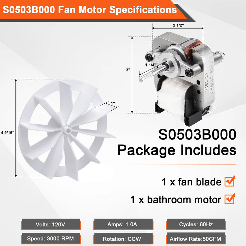 763RL B Unit, 769RL B Unit, S0503B000 50 CFM Bathroom Exhaust Fan Replacement Motor for Broan Nutone 763RLN B, 763RLN-R01, 763RL/769RL A Unit, 769RF B/769RL B(70 CFM), 2.0 Sone, Quieter Copper Motor. without bracket