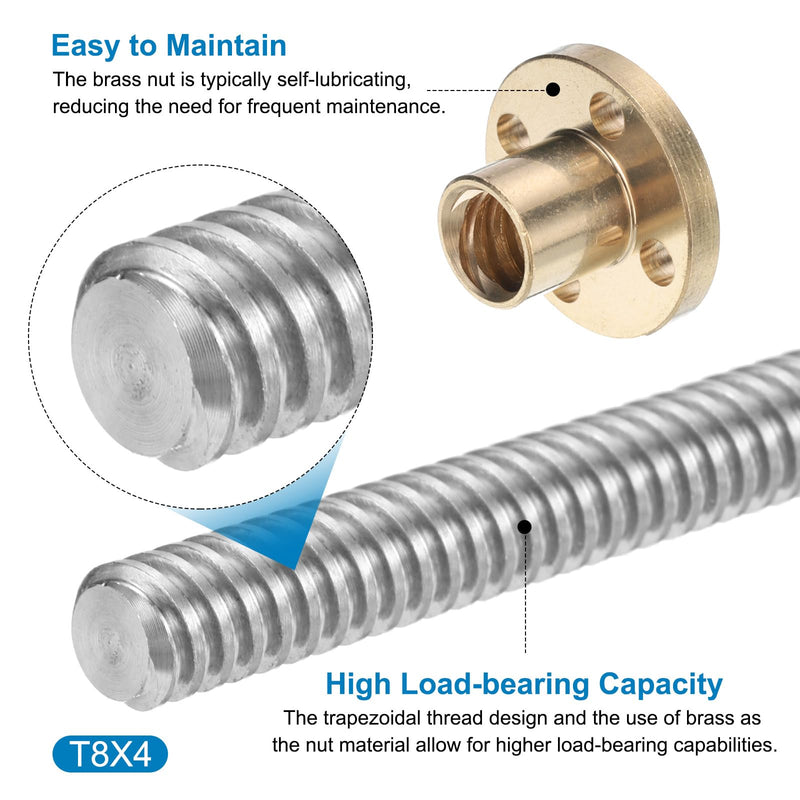 [Australia - AusPower] - uxcell 2 Pcs 400mm / 16 Inch Tr8x4 Stainless Steel Lead Screw with T8 Brass Nut - [ Acme Thread, 2mm Pitch, 8mm Lead ] for 3D Printer Z Axis, CNC Machine 