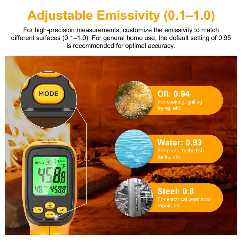 [Australia - AusPower] - Dual-Mode Infrared Thermometer Gun, Non-Contact IR & K-Type Thermocouple Probe, -58°F to 1472°F, High Accuracy, Laser Temperature Gun with Humidity Display, Emissivity, Max/Min, for Cooking BBQ HVAC 