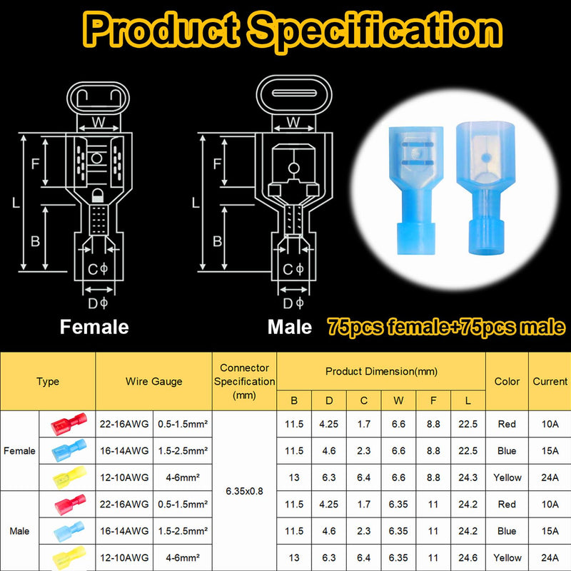 smseace 150Pcs Spade Connectors Kit 16-14AWG Male/Female wire Spade connectors Nylon Spade Quick Connect/Disconnect Connectors Electrical Spade Connectors Kit for auto,boat,industrial application Blue Female+Male