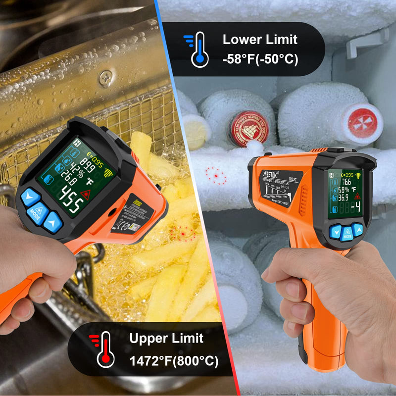 [Australia - AusPower] - Infrared Thermometer MESTEK Laser Thermometer Temperature Meter with K Probe -50°C ~ 800°C IR Temperature Meter Non-Contact with Colour LCD Digital Alarm Function Adjustable Emissivity for Kitchen orange 