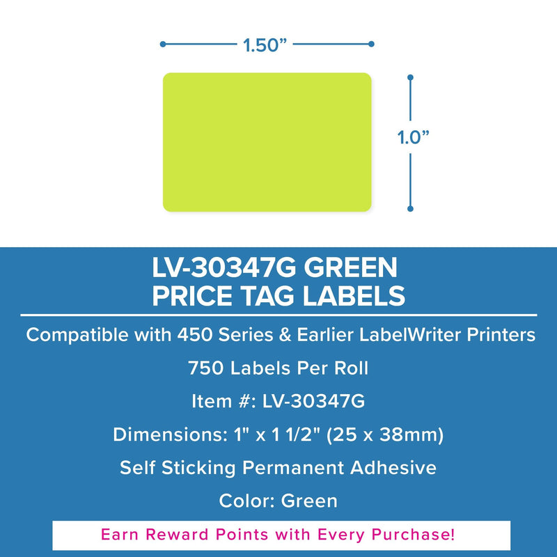 Dymo LV-30347G Compatible Green Labels - 1 x 1-1/2"