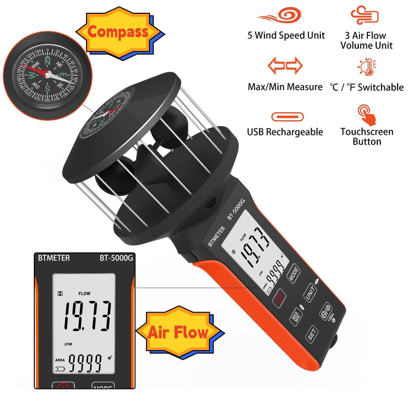 BTMETER Cup Anemometer - Handheld Airflow Meter BT-5000G Wind Speed Meter with LCD Backlight, Max/Avg/Current Mode to Measure CFM Air Flow Velocity Volume & Wind Temp for HVAC Sailing Drone Golf Black