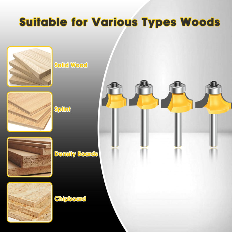 [Australia - AusPower] - 4PCS Router Bit Set Feanron Router Bits 1/4 inch Shank, Roundover Router Bit Cutting Diameter in 1/8", 1/4", 3/16", 5/16", CNC Router Bits Edging Cutter for Woodworking Forming Molding Profiling Chrome Yellow 