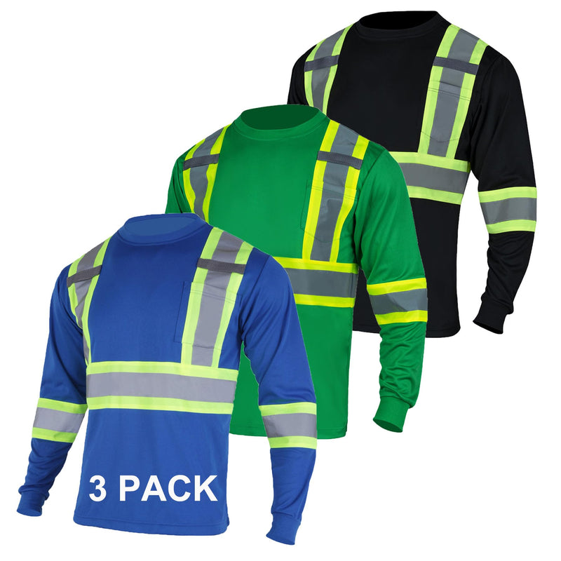 FONIRRA High Visibility Shirts for Men 3 Pack Reflective ANSI Class Hi Vis Safety Construction Work T Shirt Long Sleeves Large Mix-3pcs