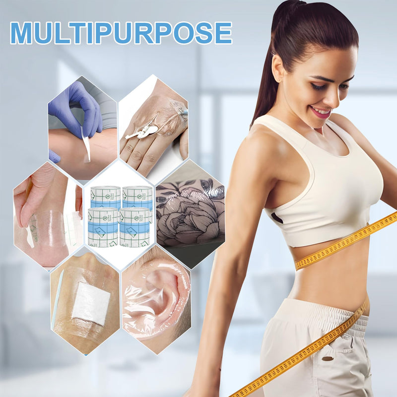 4 PCS Transparent Stretch Adhesive Bandage, 2 Inch x 5.5 Yard - Waterproof Clear Film Dressing Bandages, Adhesive Bandages Shower Shield Dressing Tape for Tattoos Swimming Showering (4 PCS) 2 Inch x 5.5 Yard