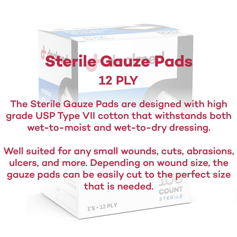 [Australia - AusPower] - Dealmed Sterile Gauze Pads  100 Count, 2 x 2 Disposable and Individually Wrapped Gauze Pads, Wound Care Product for First Aid Kit and Medical Facilities 2x2 Inch (Pack of 100) 