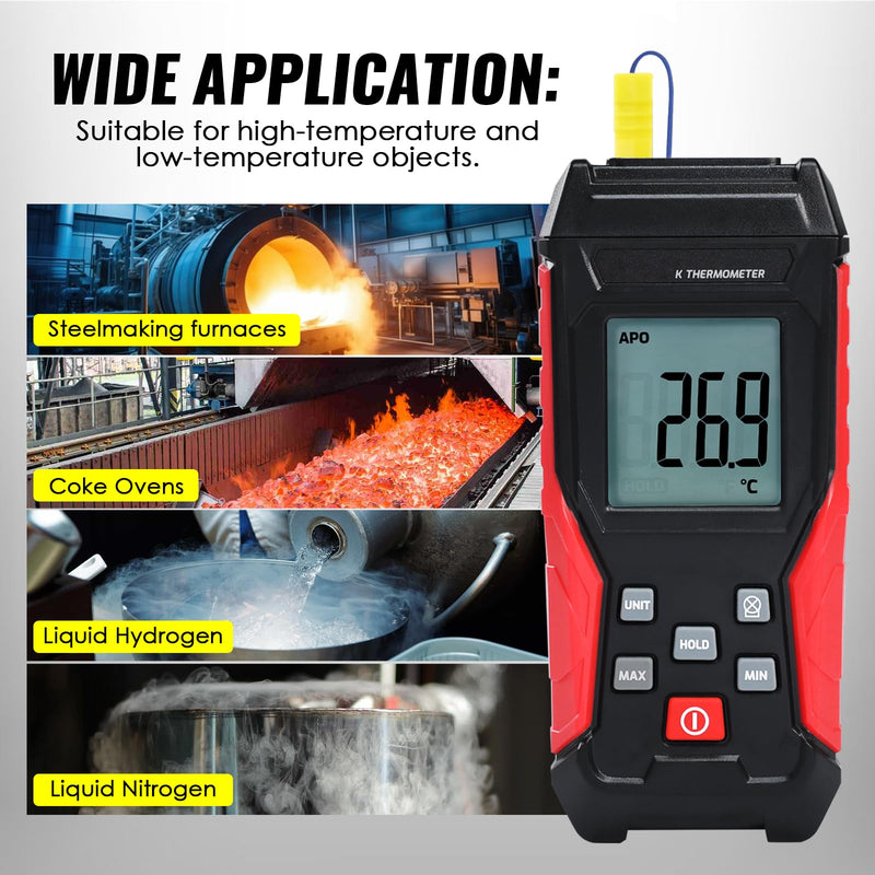 [Australia - AusPower] - Digital K Type Thermometer with Two Thermocouple Probes, -328°F~2501°F Single Channel Thermocouple Thermometer HVAC Temperature Meter with Backlit LCD Display Max/Min, Data Hold 