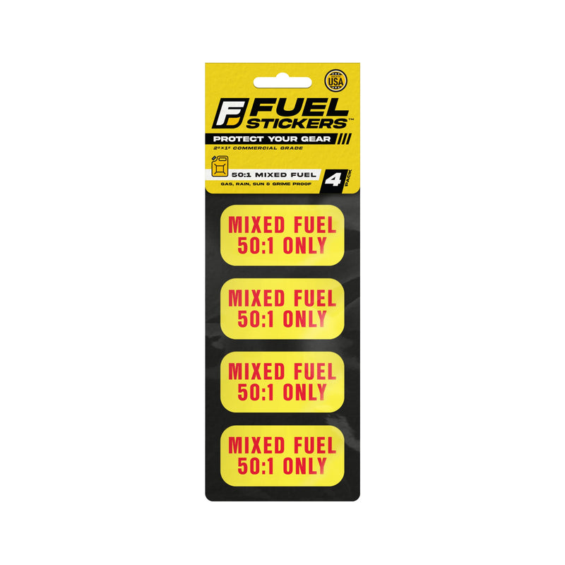 Mixed Fuel Sticker 50:1, 2 Cycle Labels for Outdoor Fuel Power Equipment - Weather Proof, Extreme Stick, Commercial Grade Labelss by Fuel Stickers - USA Made (2x1 inch), 4 Labels Mixed Fuel 50:1 4-Pack
