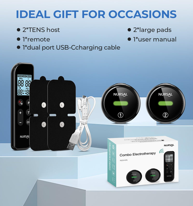 [Australia - AusPower] - NURSAL Wireless TENS Unit Muscle Stimulator, Dual Host TENS EMS Machine for Pain Relief, 18 Modes 20 Intensity Remote Control Pulse Physical Electrotherapy for Back Shoulder Pain (2 Pads) Black 