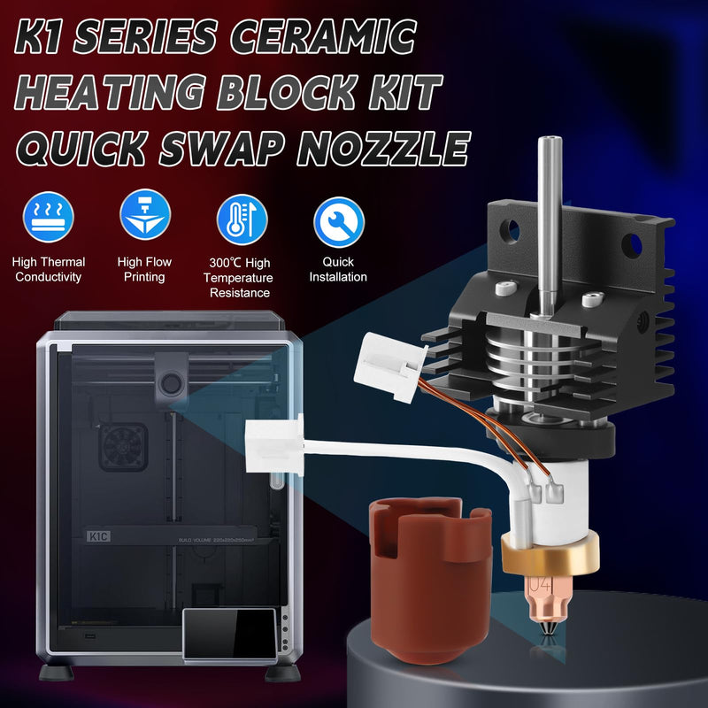 K1C Upgrade Ceramic Heating Block Hotend Kit, 0.2/0.4mm Quick Swap Nozzle Kit, with Silicone Cover, Cleaning Needles and Tools, 3D Printer Hotend 600mm/s High-Speed, Compatible with K1/K1 MAX/K1C K1C/3 V3/ 3V3 Plus Upgrade Nozzle Kits