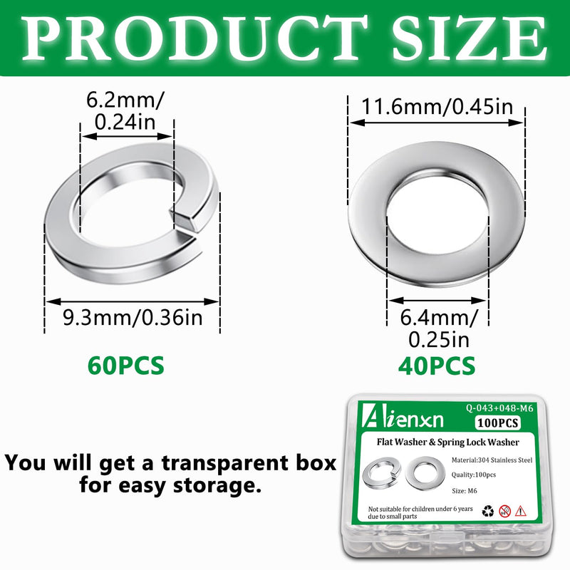 [Australia - AusPower] - 100PCS M6 Flat Washer and Spring Lock Washers, 50PCS Spring Lock Washers and 50PCS Flat Washers, 304 Stainless Flat Washers for Screws, M6 Washers for Bolts, Lock Washer Set M6 (100PCS) 