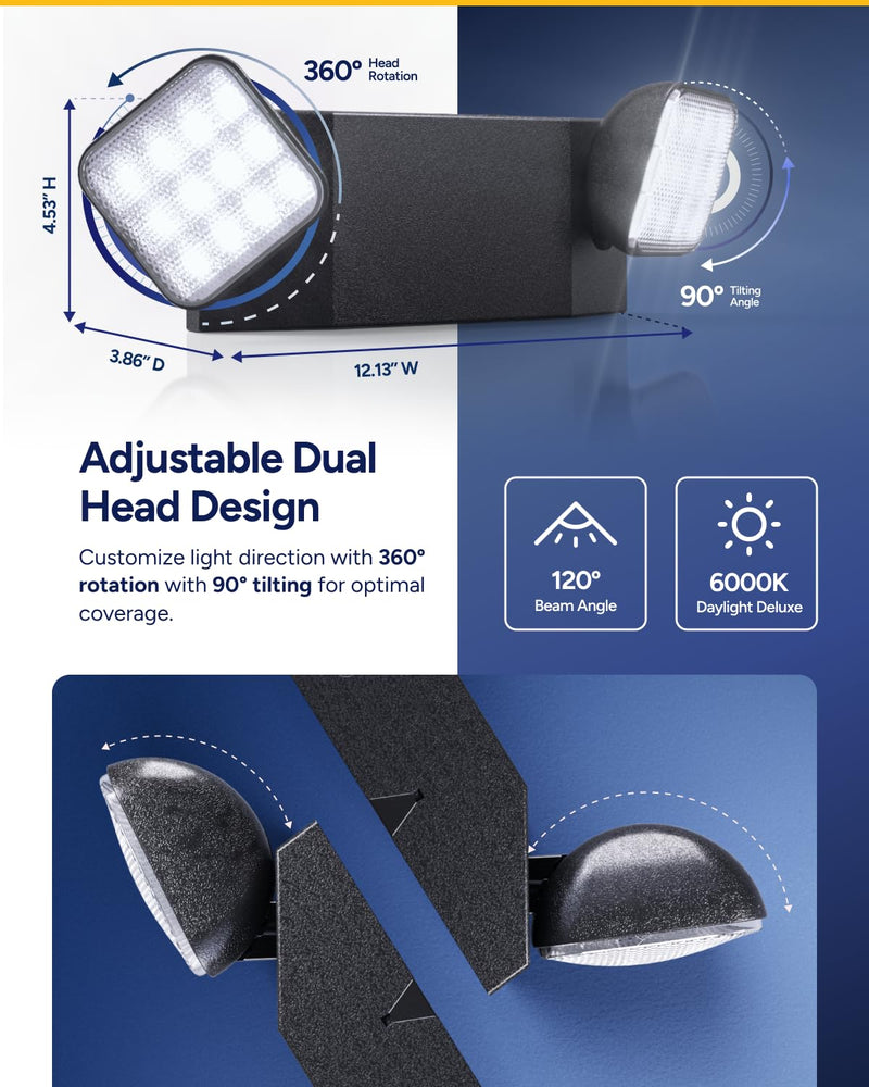 Sunco Emergency Light LED Fixture with Lights Battery Backup [Luces De Emergencia], Fire Resistant (UL 94V-0), 120-277V, Wall Mount, Hard Wired, Black UL 1 Pack