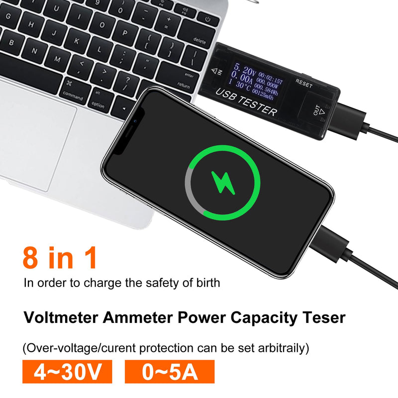 [Australia - AusPower] - 2pcs 8 in 1 USB Tester 10V 3A Voltage Current Tester Voltmeter Capacity Current Meter Digital Multimeter Current Tester Voltage Detector (Black) Black 